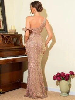 LOVE&LEMONADE Asymmetrical Neck Split Thigh Sequin Formal Gown