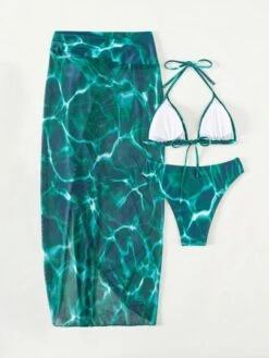 Tie Dye Bikini Set Halter Triangle Bra & Bikini Bottom & Cover Up Skirt 3 Piece Bathing Suit
