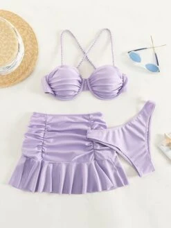 Mono Bikini Set Ruched Lace Up Back Push Up Top & High Cut Bottom & Ruffle Hem Beach Skirt 3 Piece Bathing Suit -Curated Swimwear 16674387363fc88e6fb2d067dfe78bbacb750ec228 thumbnail 405x552