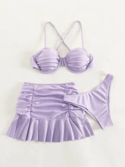 Mono Bikini Set Ruched Lace Up Back Push Up Top & High Cut Bottom & Ruffle Hem Beach Skirt 3 Piece Bathing Suit -Curated Swimwear 1667438740adfc3ccf1e74c9b8357aa08aed58713e thumbnail 405x552
