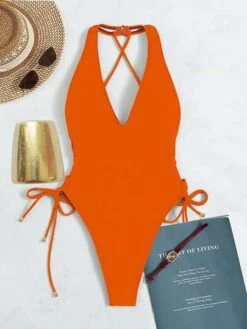 Plain Tie Side Cross Back One Piece Swimsuit -Curated Swimwear 1668742307dad8aced5e4523dad079f81a1f8bbba4 thumbnail 405x552