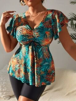 Tropical Print Drawstring Front Shorts Bikini Swimsuit -Curated Swimwear 166902287092836cce78c20fa1ab772a276af0e2b0 thumbnail 405x552