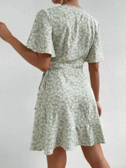 SHEIN Clasi Ditsy Floral Print Butterfly Sleeve Knot Side Wrap Dress