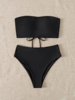 Solid Bikini Set Lace Up Back Reversible Tube Bra & High Waisted Bottom 2 Piece Bathing Suit -Curated Swimwear 16715221804b6a3807e54adbc6ff7387189a4b7168 thumbnail 405x552