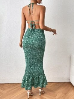 SHEIN Privé Ditsy Floral Print Tie Backless Mermaid Hem Halter Dress