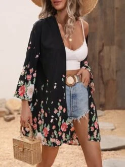 Floral Print Drop Shoulder Kimono -Curated Swimwear 167203054533b1a20ab0a36e0100696a1eb0b1c663 thumbnail 405x552