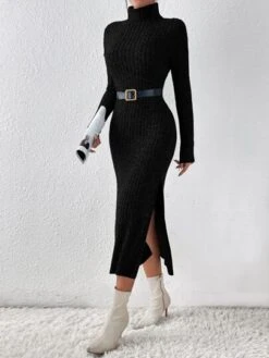 SHEIN Privé Turtleneck Split Thigh Dress Without Belt -Curated Swimwear 1672112423b43c8dd26f5675ce8831c66d729f4621 thumbnail 405x552