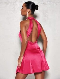 SHEIN BAE Solid Satin Halter Neck Backless Dress