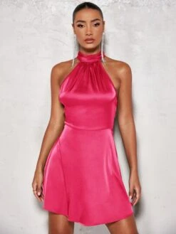 SHEIN BAE Solid Satin Halter Neck Backless Dress -Curated Swimwear 1672273611845d35d4b7d463eb0864d373044b9c14 thumbnail 405x552