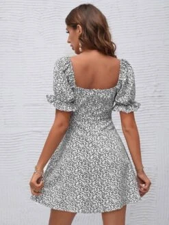 SHEIN WYWH Allover Plants Print Drawstring Front Ruffle Cuff Dress