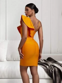 Asymmetrical Neck Ruffle Trim Bodycon Dress