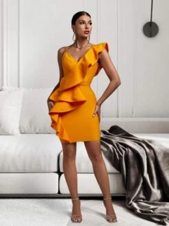 Asymmetrical Neck Ruffle Trim Bodycon Dress -Curated Swimwear 1673491025da0fd81082fabf01e49a62073f3fcc07 thumbnail 405x552