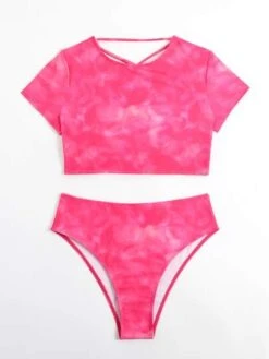 BOUDOIRCORE Tie Dye Bikini Set Short Sleeve Lace Up Backless Tee & High Waisted Bottom 2 Piece Bathing Suit -Curated Swimwear 16737587003fd75e98110954fd932d70397d5c6dcf thumbnail 405x552