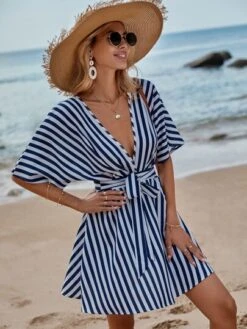 SHEIN VCAY Striped Print Batwing Sleeve Belted Dress -Curated Swimwear 1673827164f089287be900cbbd9b28623653012337 thumbnail 405x552