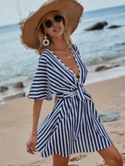 SHEIN VCAY Striped Print Batwing Sleeve Belted Dress -Curated Swimwear 1673827168972657dcddc0a5f931cf9cddde1e15b7 thumbnail 405x552