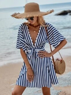 SHEIN VCAY Striped Print Batwing Sleeve Belted Dress -Curated Swimwear 1673827172af2f9449626f7f6609934cad4fd65f8a thumbnail 405x552