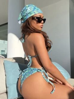 Allover Print Halter Triangle Bikini Swimsuit With Headband