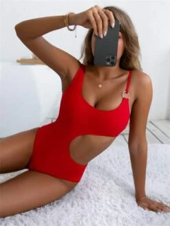 Plain Cut-out Ring Linked One Piece Swimsuit -Curated Swimwear 1676000196c1efe3dea99282063c3699bb67cc0138 thumbnail 405x552