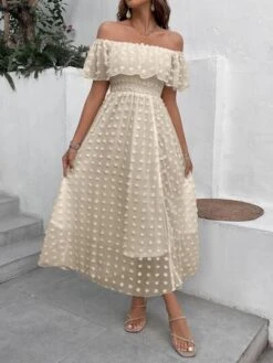 SHEIN VCAY Swiss Dot Off Shoulder Ruffle Trim Split Thigh Dress -Curated Swimwear 16761891953e9c02a6551c688498ad0e8f0944c418 thumbnail 405x552