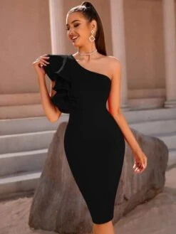 ADYCE One Shoulder Exaggerated Ruffle Trim Split Back Bandage Dress -Curated Swimwear 167625788323885c07242873466bf0ac8e801937b2 thumbnail 405x552