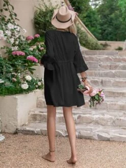 Rusttydustty Guipure Lace Panel Flounce Sleeve Drawstring Waist Kimono