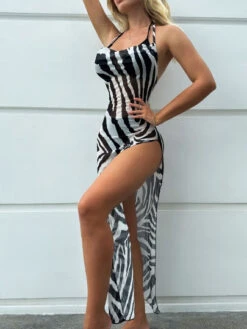 Zebra Striped Split Thigh Halter Neck Backless Mesh Cover Up Dress -Curated Swimwear 1676356416a098b31fc682b30de827567ac0cbacf5 thumbnail 405x552
