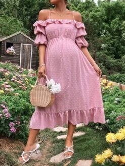 SHEIN Maternity Cold Shoulder Ruffle Trim Ruffle Hem Dress -Curated Swimwear 1676869737065f823074701e43c649d67124467153 thumbnail 405x552