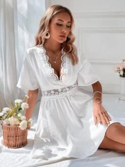 SHEIN VCAY Contrast Lace Tie Backless Butterfly Sleeve Dress