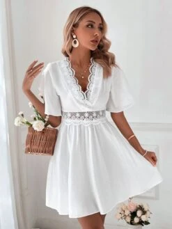 SHEIN VCAY Contrast Lace Tie Backless Butterfly Sleeve Dress -Curated Swimwear 16774628187690c7ac8181acbad26d39479655c4b4 thumbnail 405x552