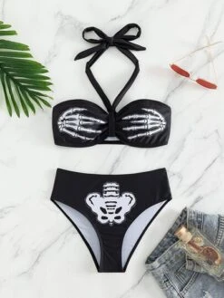 SHEIN Skeleton Print Bikini Set Halter Bra & High Waisted Bottom 2 Piece Gothic Swimsuit -Curated Swimwear 1677464101b1030c999d0f1abe01d487179c7f0b62 thumbnail 405x552