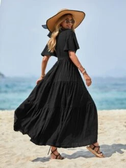 SHEIN VCAY Solid Ruffle Hem Belted Dress