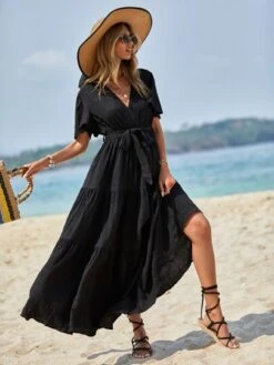 SHEIN VCAY Solid Ruffle Hem Belted Dress -Curated Swimwear 1677807274d16625775b864ec41918442960f1b39a thumbnail 405x552