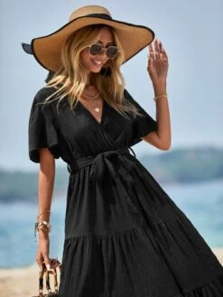 SHEIN VCAY Solid Ruffle Hem Belted Dress -Curated Swimwear 1677807276af94cf5419f8d080c0bc9db0d7b14ee4 thumbnail 405x552