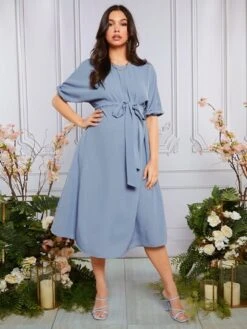 SHEIN Maternity Solid Belted Dress -Curated Swimwear 167781008774f8e1f83e082464bc6038f1b676d888 thumbnail 405x552