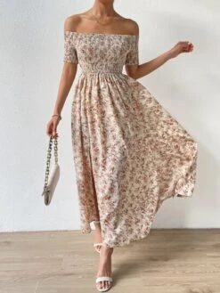 SHEIN VCAY Allover Floral Print Off Shoulder Split Thigh Dress