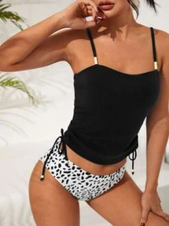Dalmatian Print Ribbed Tankini Set Drawstring Side Cami Top & High Waisted Bottom 2 Piece Bathing Suit -Curated Swimwear 1677913615c7ae7a67882ad9656825bec2ac13f2dc thumbnail 405x552