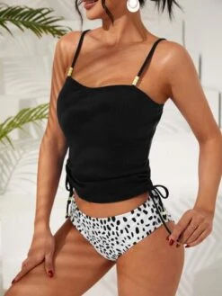 Dalmatian Print Ribbed Tankini Set Drawstring Side Cami Top & High Waisted Bottom 2 Piece Bathing Suit -Curated Swimwear 1677913618f3b9ab70006bfa4bd0dab08644d74da1 thumbnail 405x552