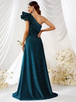 Giffniseti One Shoulder Ruffle Trim Glitter Formal Dress