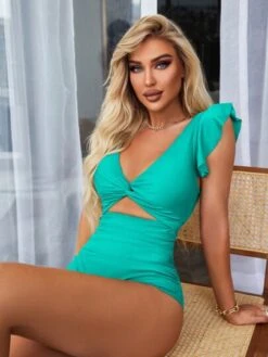 Twist Front Ruffle Trim Ruched Cut Out One Piece Swimsuit -Curated Swimwear 1678170540f2b16ac813ad43fb6c673abe579e521d thumbnail 405x552