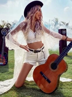 Floral Embroidery Mesh Tie Front Kimono