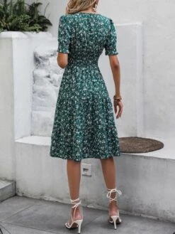 SHEIN VCAY Ditsy Floral Print Puff Sleeve Ruffle Hem Dress