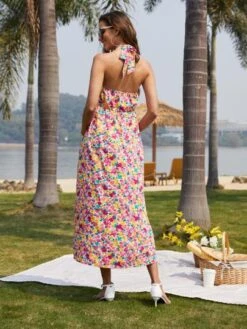 Maternity Allover Floral Print Tie Backless Halter Dress