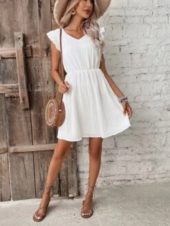 SHEIN Frenchy Solid Ruffle Trim A-line Dress -Curated Swimwear 16787046988256fa452a352ced427db521fc8c2a10 thumbnail 405x552