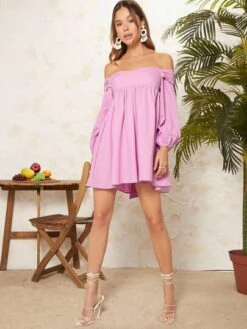 SHEIN VCAY Off Shoulder Lantern Sleeve Smock Dress -Curated Swimwear 1678953583170255edb0f73ede14a7c2a63d9046bb thumbnail 405x552