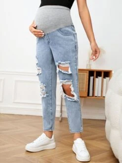 SHEIN Maternity Adjustable Elastic Waist Ripped Frayed Cut Out Jeans -Curated Swimwear 1679020594fa3be9b686ee64245bfa0bda62241bba thumbnail 405x552