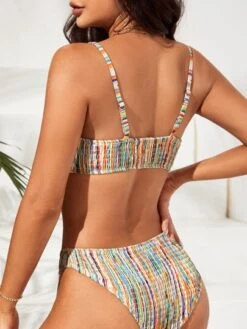 Colorful Striped Bikini Set Smocked Cami Top & Bikini Bottom 2 Piece Swimsuit