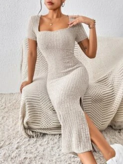 SHEIN Frenchy Square Neck Split Thigh Ribbed Knit Dress -Curated Swimwear 167905319978a114da22b8537d4b3d889c1824453d thumbnail 405x552