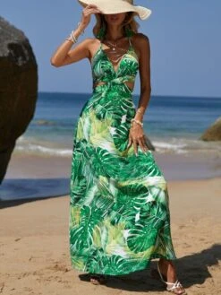 SHEIN VCAY Tropical Print Cut Out Waist Tie Backless Halter Neck Dress -Curated Swimwear 167921349662d6d4c1531c7de0070dc7cac0259641 thumbnail 405x552