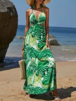 SHEIN VCAY Tropical Print Cut Out Waist Tie Backless Halter Neck Dress -Curated Swimwear 1679213497df5bb9d6203643c3c100b2dda67b2ad2 thumbnail 405x552