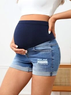 SHEIN Maternity Wideband Waist Ripped Roll Up Hem Denim Shorts